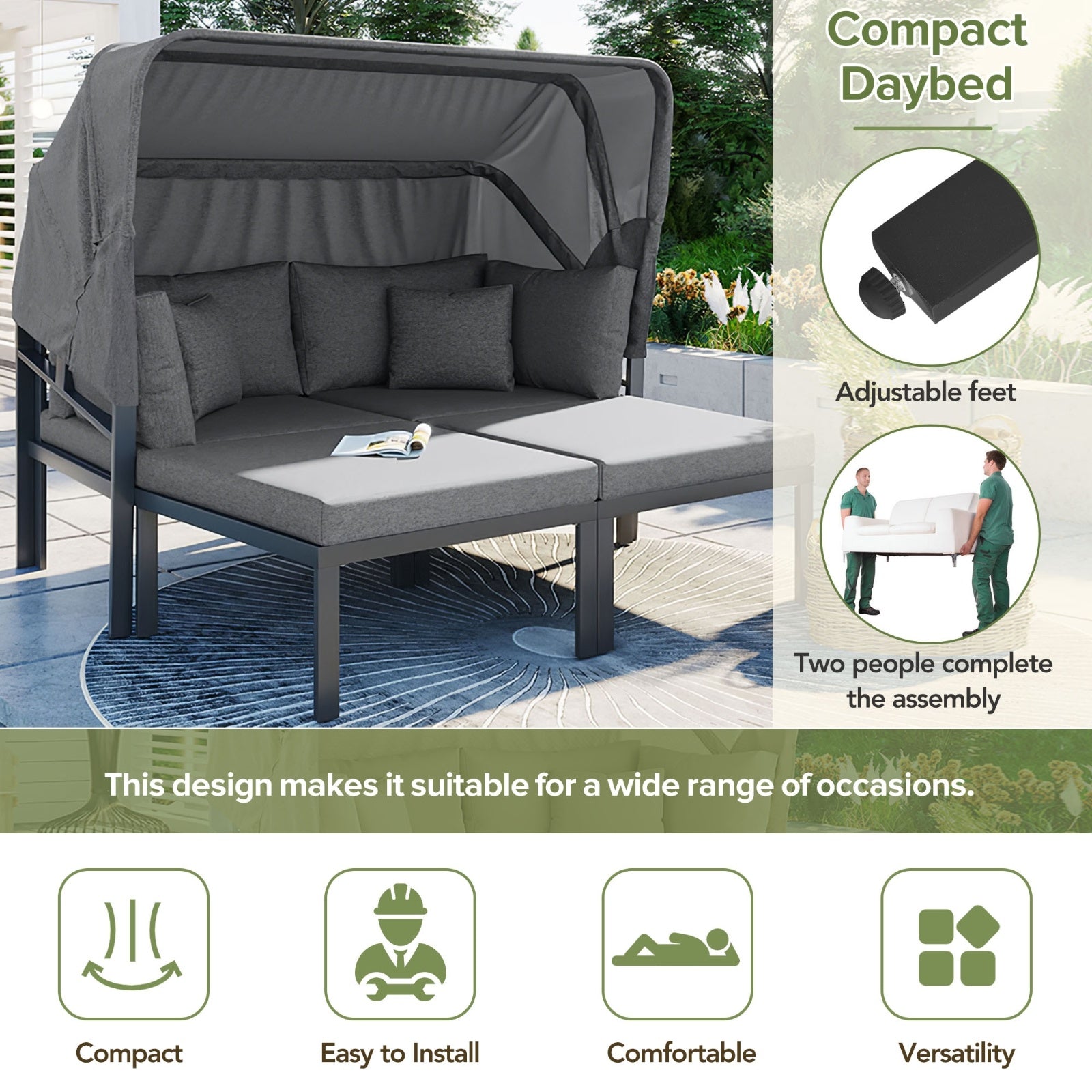 TOPMAX 3-Piece Patio Daybed With Retractable Canopy Outdoor Metal Sectional Sofa Set Sun Lounger Wit