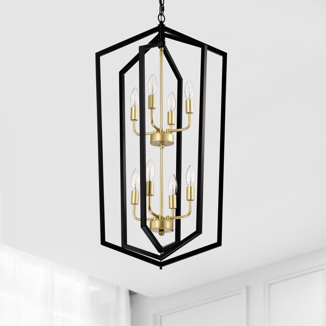 8-Light Lantern Tired Farmhouse Ceiling Hanging Light Black Chandelier Metal Modern Pendant Light Fixtures For Kitchen Island Dining Room Living Room Foyer Entryway E12 Bulbs Not Included