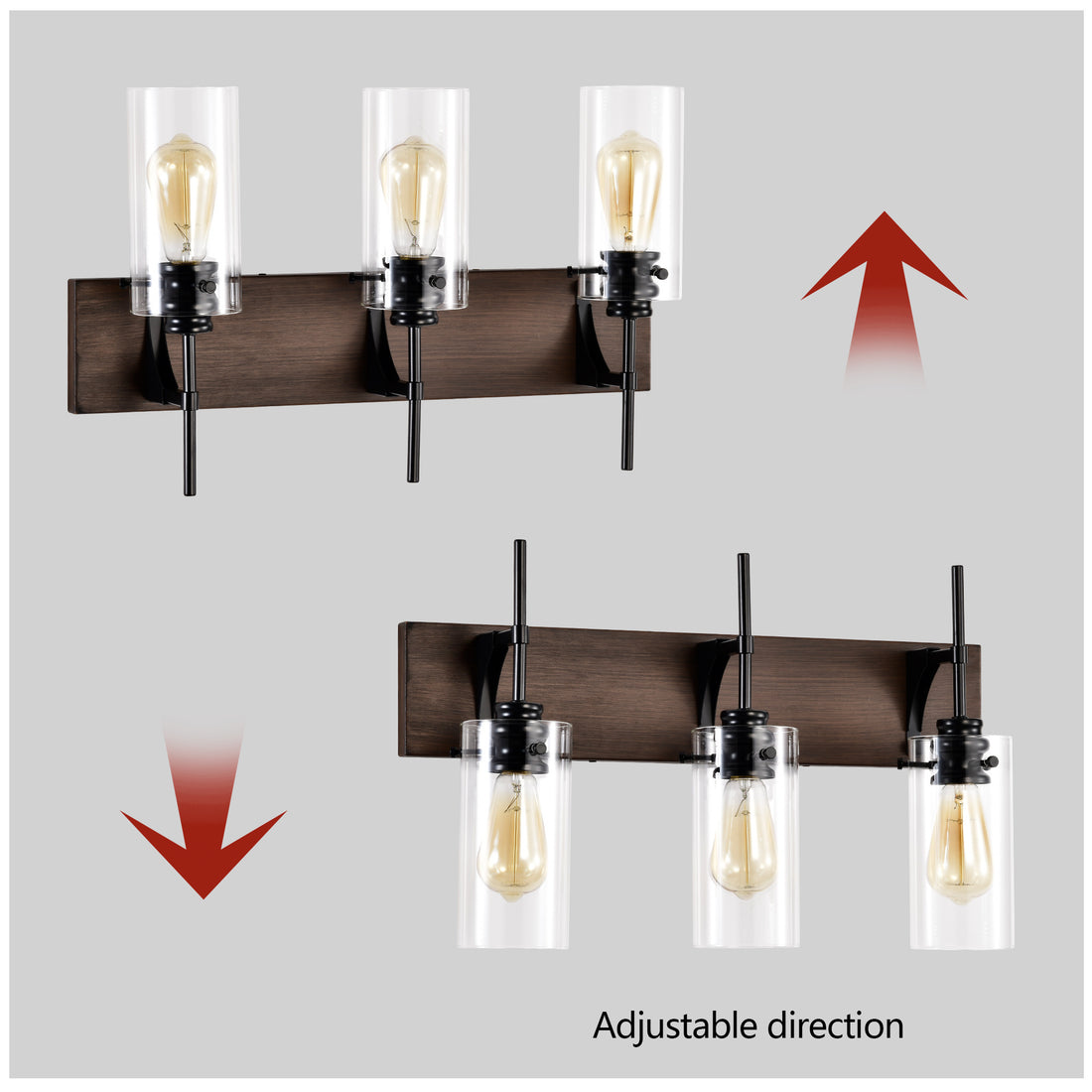 3-Light Matte Black Wood Color Bathroom Light Fixtures, Modern Vanity Lights With Glass Shade, Vintage Light Fixture Bathroom Over Mirror Wall Lights For Kitchen Dinning Room Bedroom Hallway