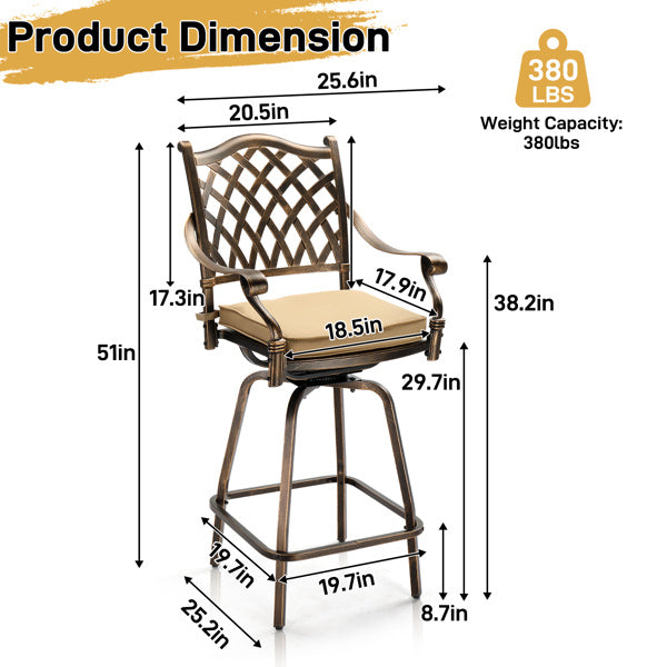 2pcs Antique Bronze Beige Cushion Mesh Backrest Cast Aluminum Bar Chair