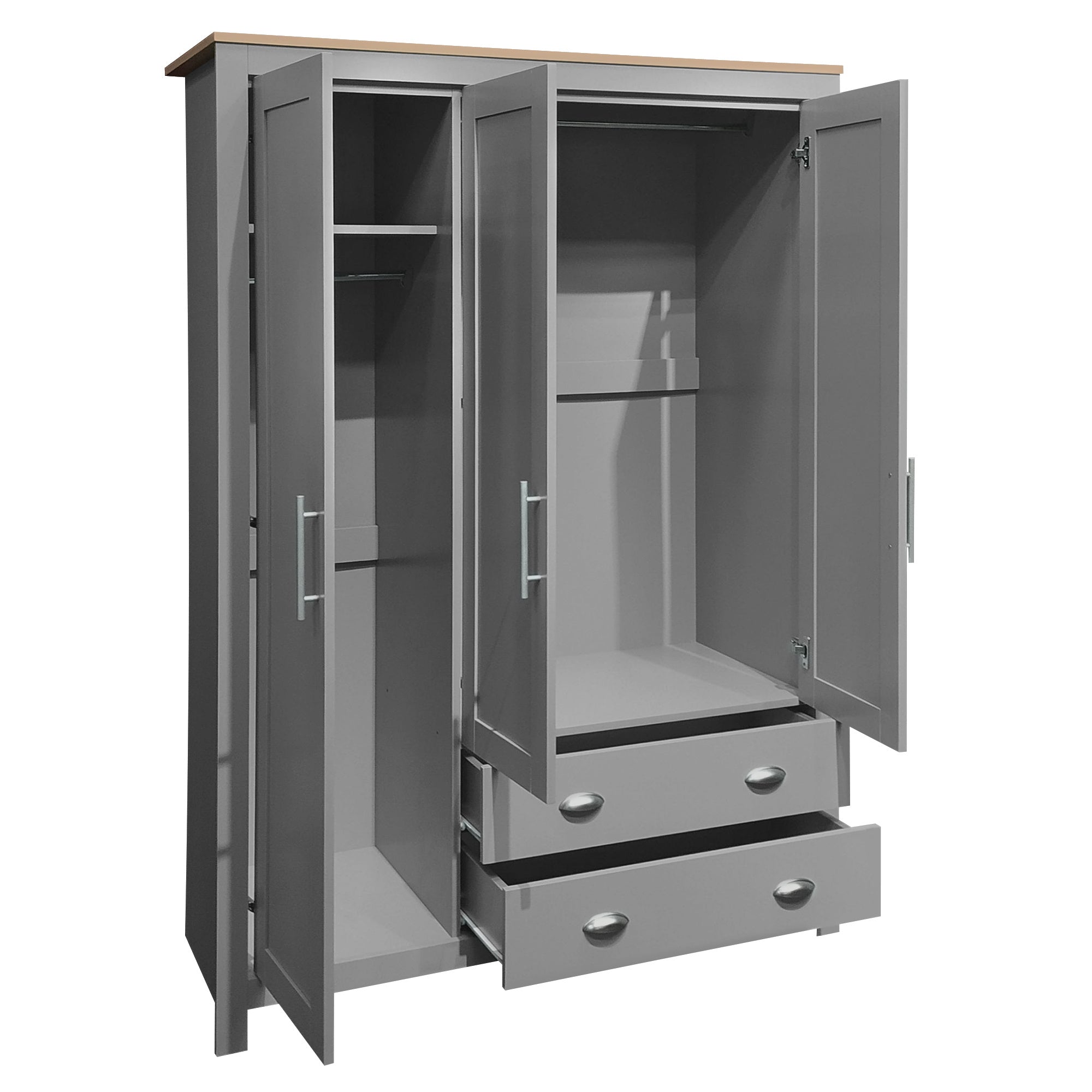 Three-door Storage Wardrobe With Cabinet And Two Rails, Grey