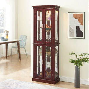 Curio Cabinet Lighted Curio Diapaly Cabinet With Adjustable Shelves And Mirrored Back Panel, Tempered Glass Doors