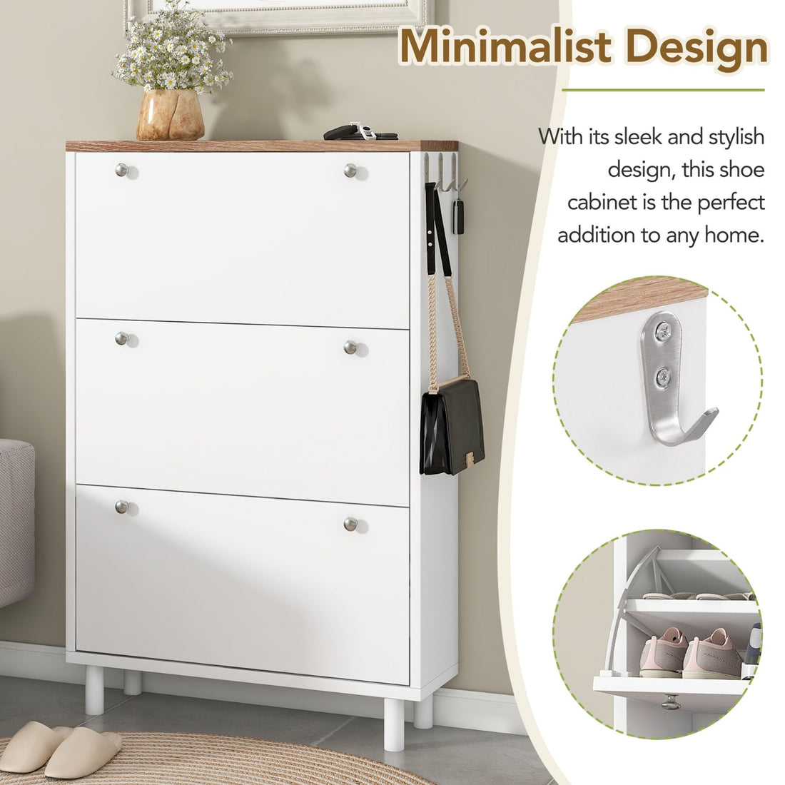Narrow 3-Flip Drawer Shoe Cabinet Wood Grain Top Entryway Organizer