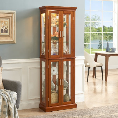 Curio Cabinet Lighted Curio Diapaly Cabinet With Adjustable Shelves And Mirrored Back Panel, Tempered Glass Doors