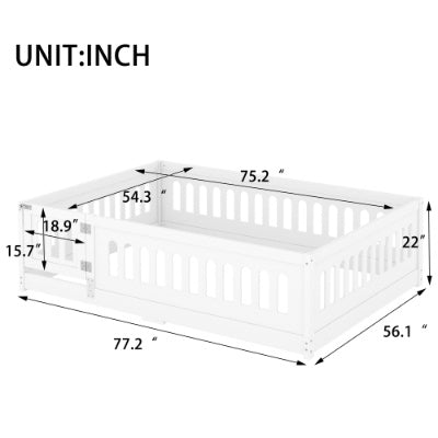 Full Size Floor Bed With Heightened Safety Guardrails And Door, Solid Wood Bedframe With Rails For Girls, Boys, Teens, Child Bedroom, Kids Playroom, No Slats Included, White
