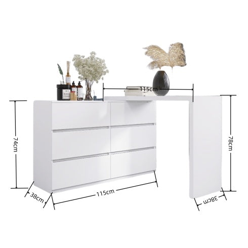 Extended Desktop 6 Drawers Chest Of Drawer Without Handle White Color Vanity