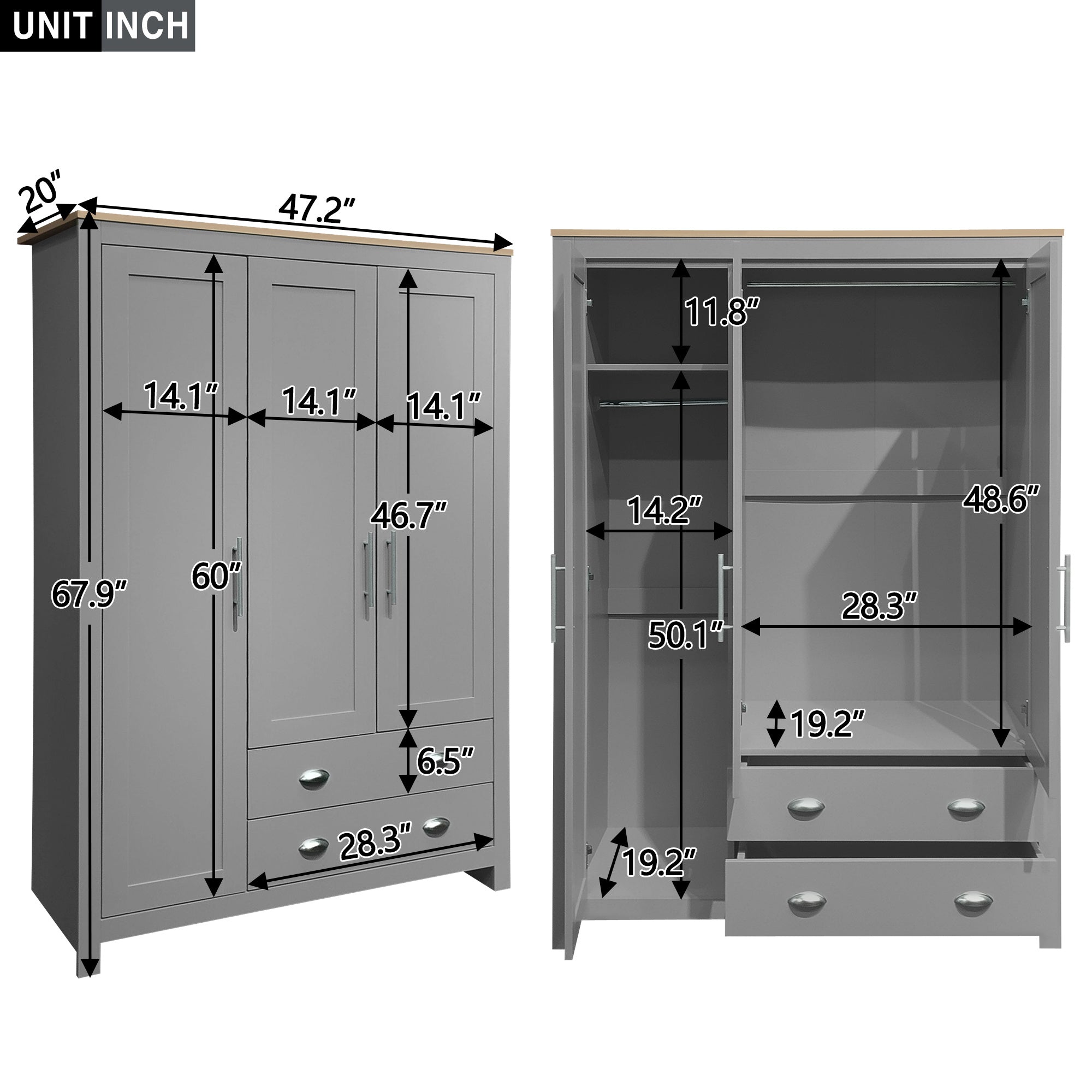 Three-door Storage Wardrobe With Cabinet And Two Rails, Grey