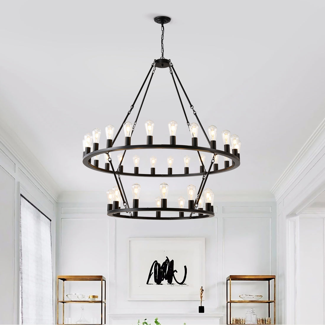 48 Inch Black Extra Large Wagon Wheel Chandelier, 2 Tier 36-Lights No Include Farmhouse Industrial Round High Ceiling Pendant Light Adjustable Chain, For Dining Room, Living Room,Kitchen