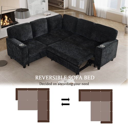 L-Shaped Sofa With Pull Out Sofa Bed, Sleeper Sofa Couch Bed With Storage Seat, 5 Seat Sectional Sofa Bed With USB, Sectional Sofa Couch For Living Room, Apartment