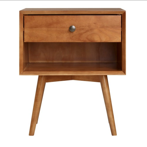Mid-Century Modern Single-Drawer Solid Wood Nightstand Caramel