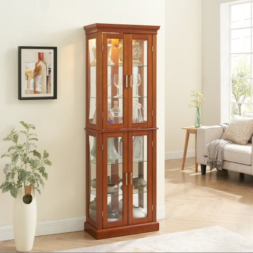 Curio Cabinet Lighted Curio Diapaly Cabinet With Adjustable Shelves And Mirrored Back Panel, Tempered Glass Doors