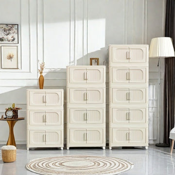 Cream White 19.69 Side Wide Folding Storage Cabinet ,3 Tiers,19.69x11.81x31.1,Collapsible Storage Bins With Magnetic Door, Plastic Storage Cabinet With Wheels