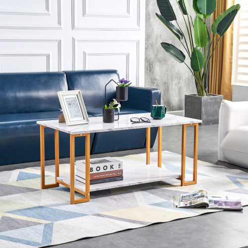 SAYGOER White Faux Marble Coffee Table Simple Modern Rectangular Coffee Tables Open Design Minimalist Center Table for Living Room Office