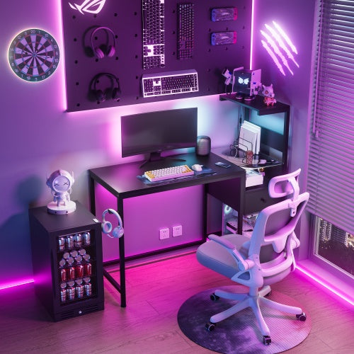 Computer Desk With Power Outlet  Storage Shelves, Study Writing Table With USB Ports Charging Station, PC Desk Workstation For Home Office, Black