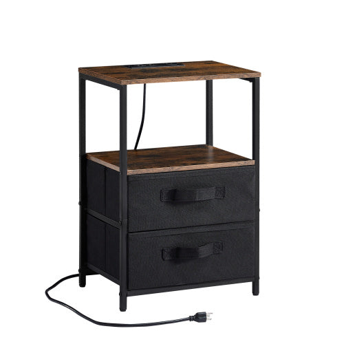 End Table With Charging Station, Nightstand With USB Port, Outlet And Fabric Bag, 2 Drawers Open Storage Shelf Side Table, Sofa Cabinet For Living Room, Bedroom, Office