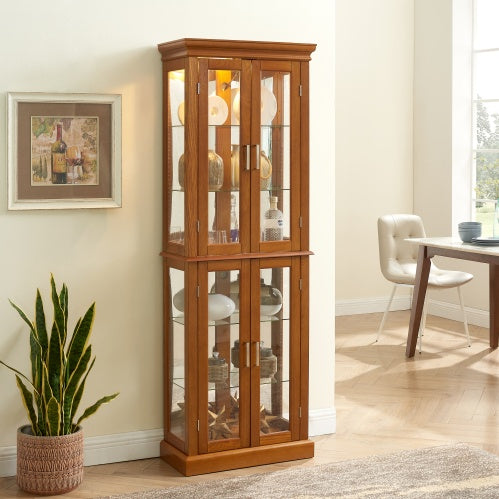 Curio Cabinet Lighted Curio Diapaly Cabinet With Adjustable Shelves And Mirrored Back Panel, Tempered Glass Doors