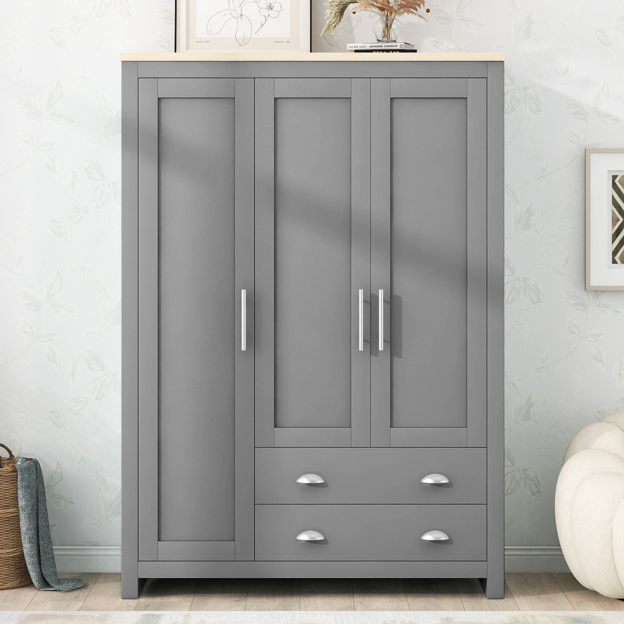 Three-door Storage Wardrobe With Cabinet And Two Rails, Grey