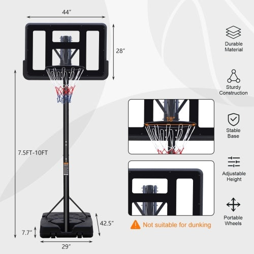 Teenagers Portable Basketball Hoop Height Adjustable Basketball Hoop Stand 7.5ft - 10ft With 44 Inch Backboard And Wheels For Adults Teens