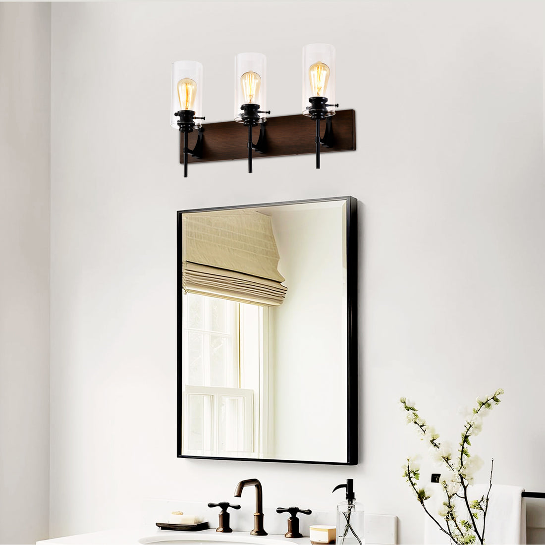 3-Light Matte Black Wood Color Bathroom Light Fixtures, Modern Vanity Lights With Glass Shade, Vintage Light Fixture Bathroom Over Mirror Wall Lights For Kitchen Dinning Room Bedroom Hallway