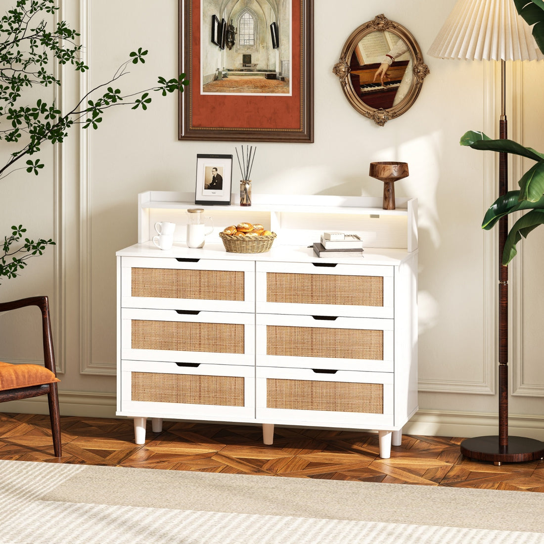 6-Drawer Rattan Storage Cabinet With LED & Power Outlet For Bedroom, Living Room