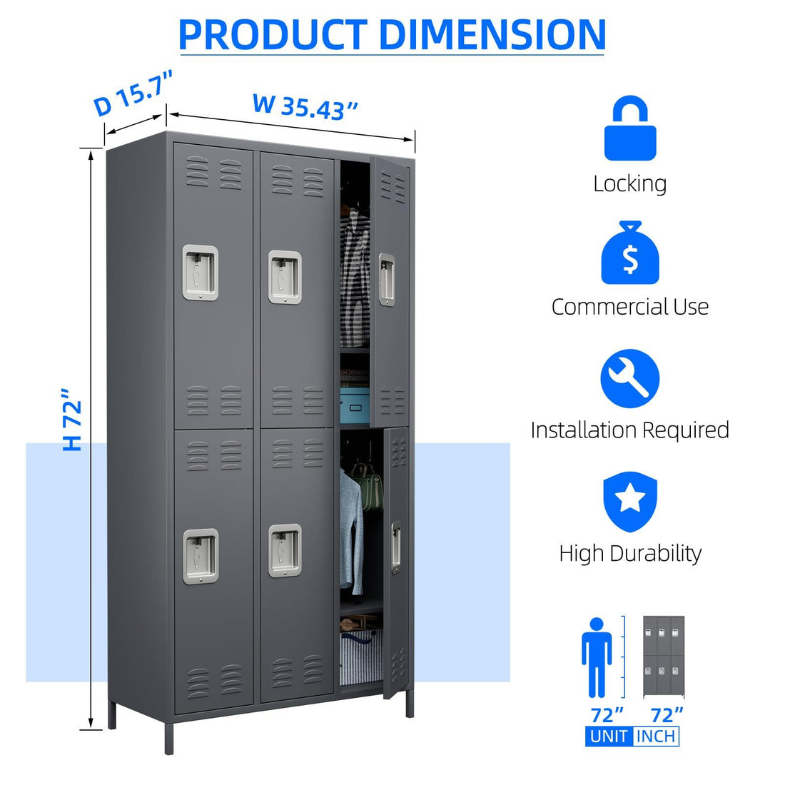 6 Doors Metal Lockers For Employees With Lock, Metal Locker With 18 Hooks For School Garage Office Gym Home,Assembly Required,Dark Grey