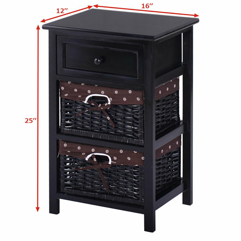 3 Tiers Wooden Storage Nightstand With 2 Baskets And 1 Drawer