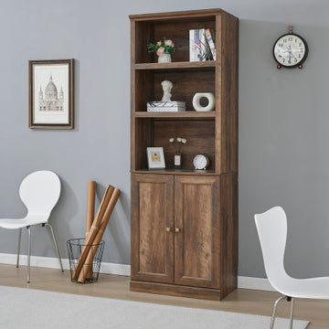 1 Door Bookshelf With USB Port And 3 Open Bookshelf Bookshelves Side Cabinet Storage Shelves, Rustic Brown