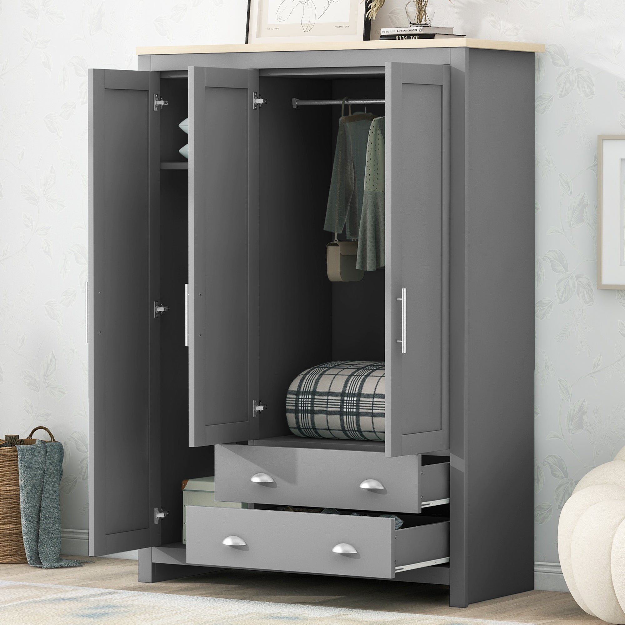 Three-door Storage Wardrobe With Cabinet And Two Rails, Grey