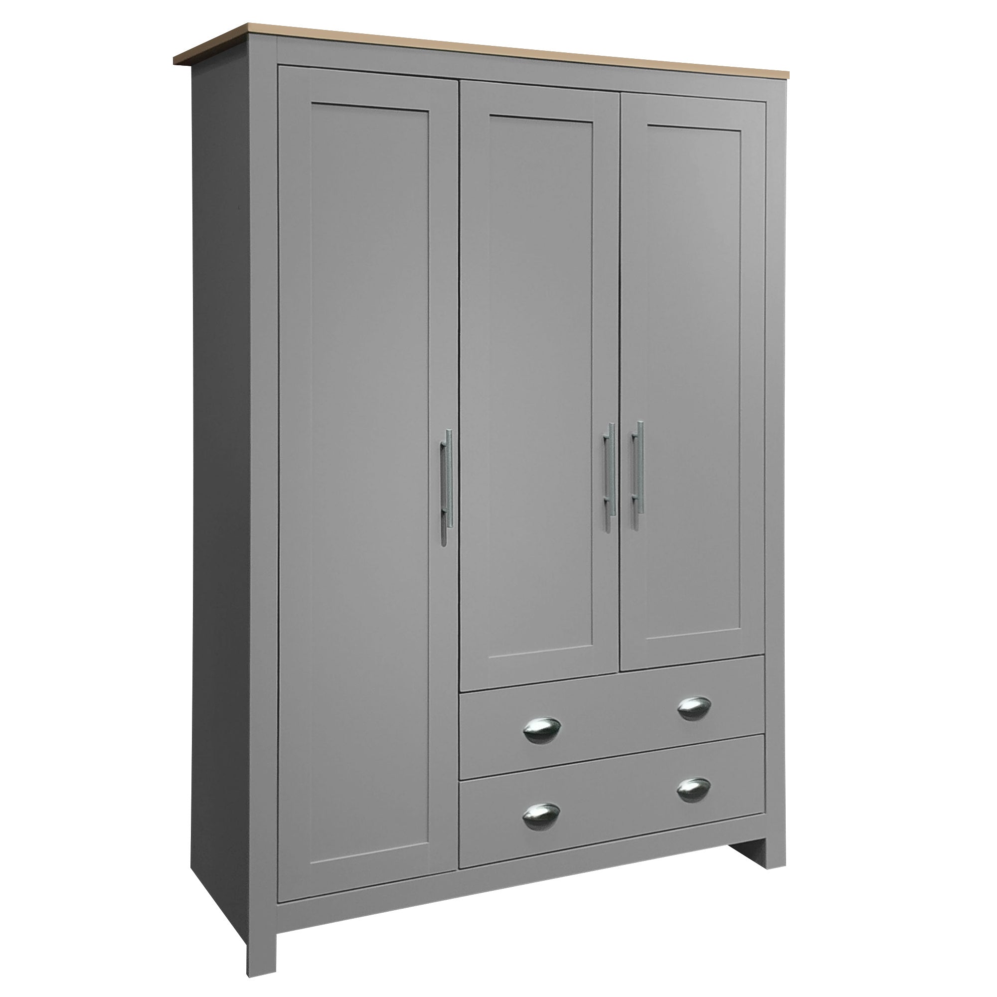 Three-door Storage Wardrobe With Cabinet And Two Rails, Grey