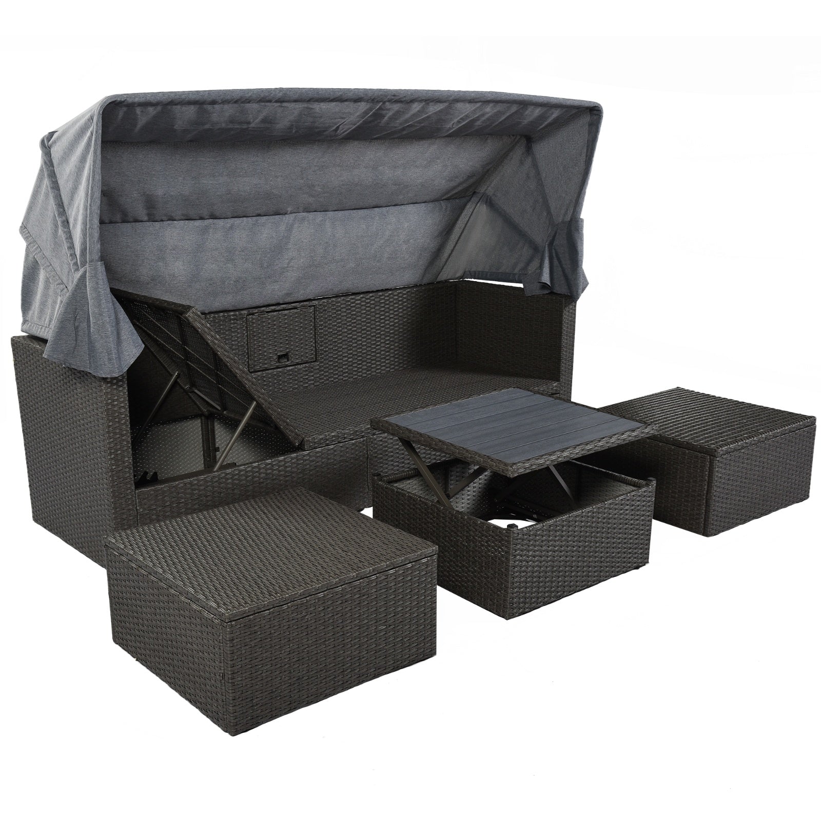 U Style Patio Rectangle Daybed With Canopy, Wicker Sectional Seating