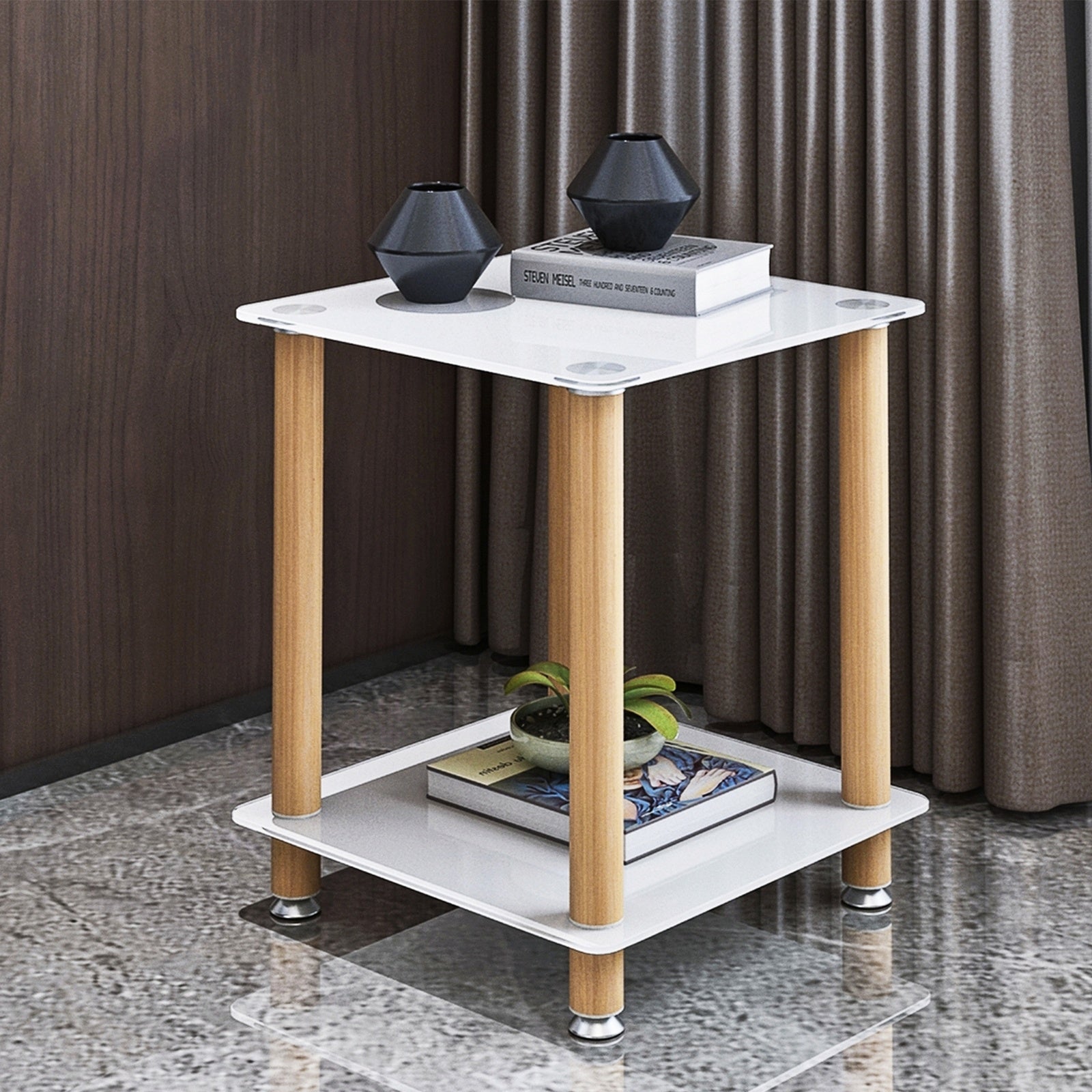 1-Piece White Oak Side Table, 2-Tier Modern Night Stand, Sofa Side Table