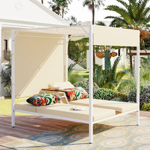 USTYLE Outdoor Patio Sunbed Daybed With Cushions, Adjustable Seats