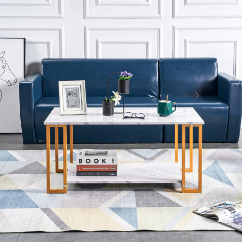 SAYGOER White Faux Marble Coffee Table Simple Modern Rectangular Coffee Tables Open Design Minimalist Center Table for Living Room Office