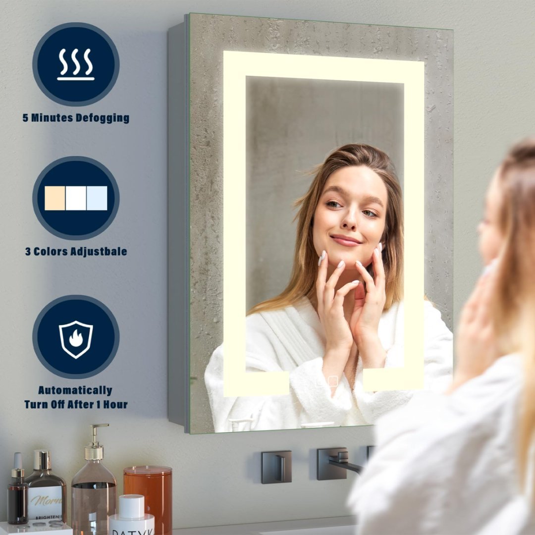LED Bathroom Wall Medicine Cabinet Mirror Lighted Mirror With Storage Recessed Or Surface 2 Doors Dimmable 3 Colors Temperature Anti-Fog Adjustable Shelf 2 Sockets 2 USB Interfaces