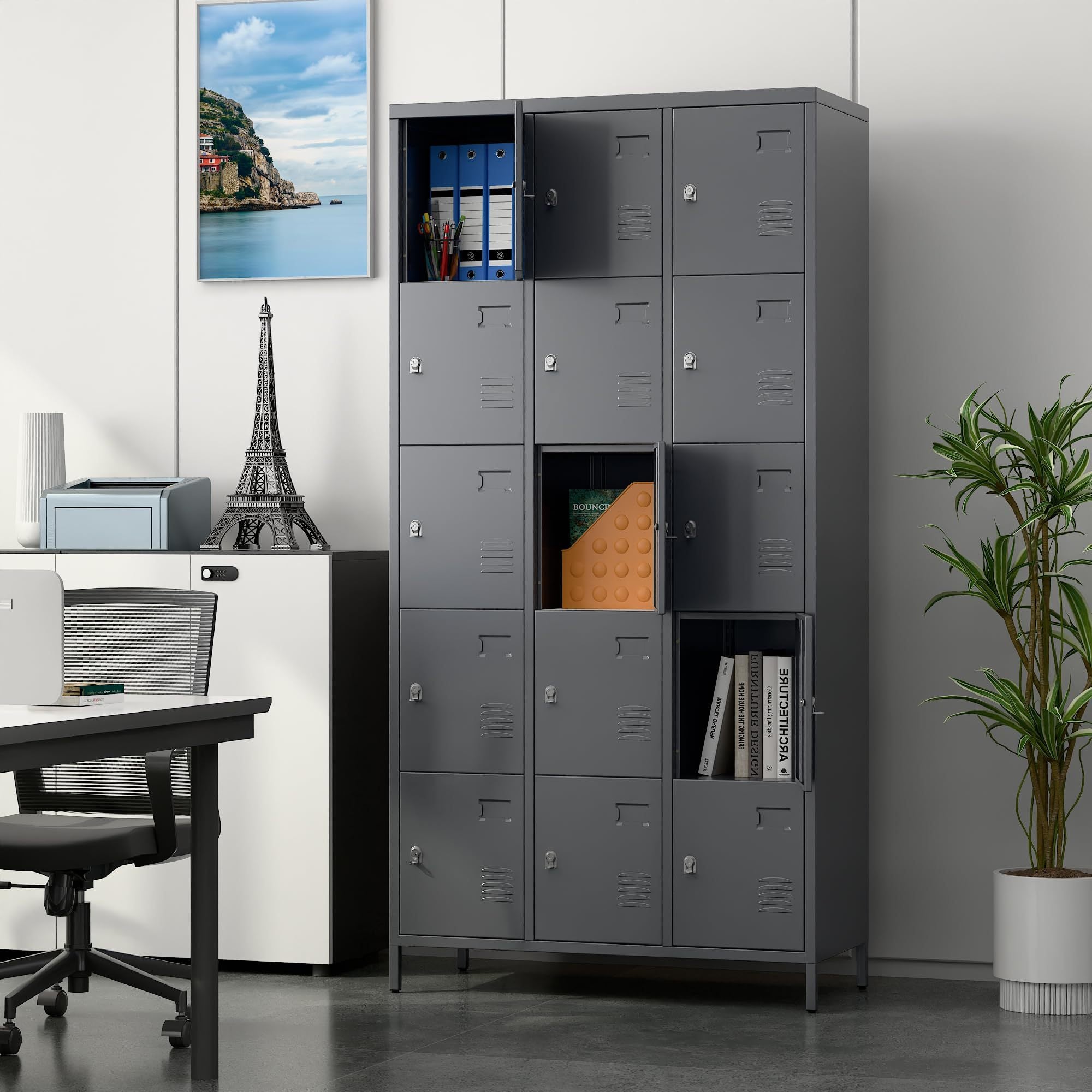 15 Doors Metal Lockers For Employees For Offices School Gyms Home,Assembly Required,Dark Gray
