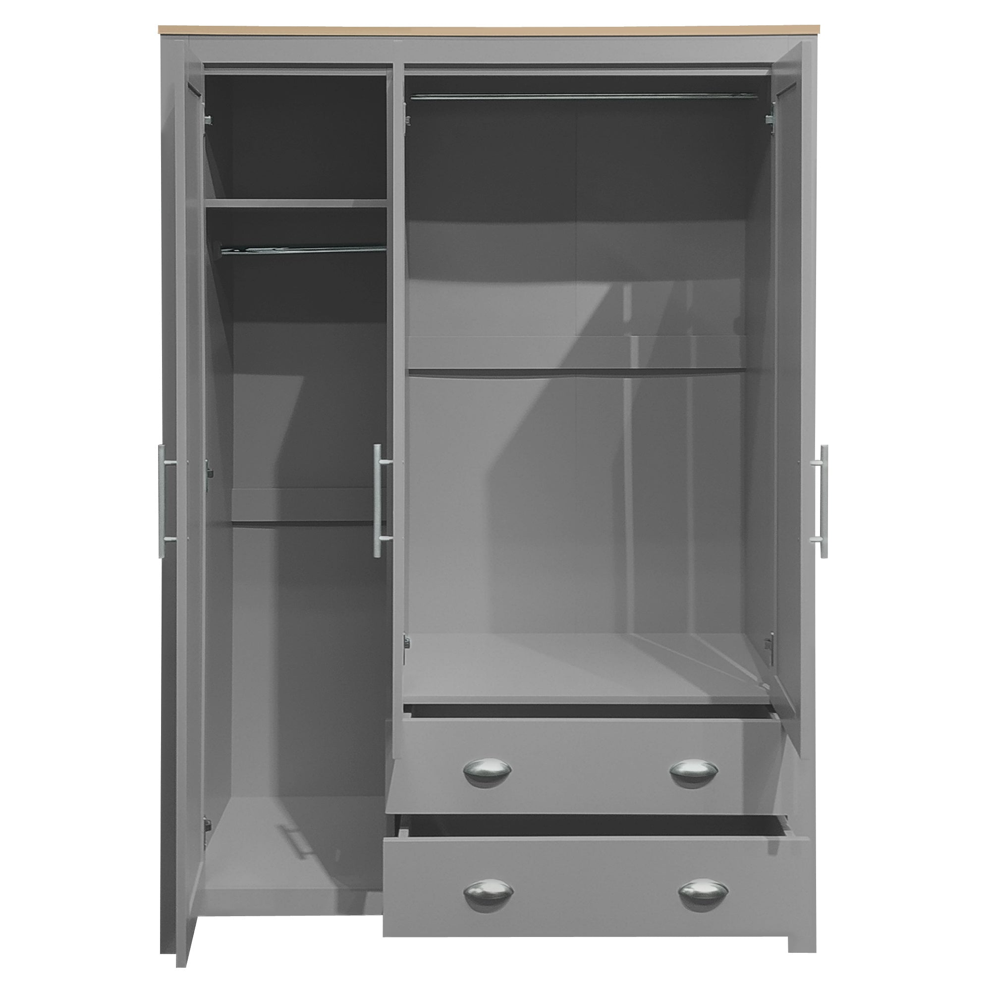 Three-door Storage Wardrobe With Cabinet And Two Rails, Grey