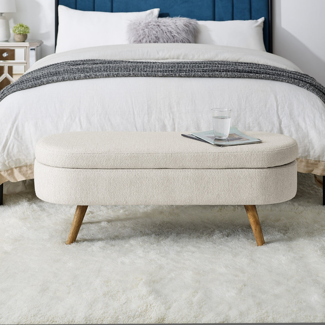 Ottoman Oval Storage Bench,Rubber Wood Legs, Beige 43.5x16x16