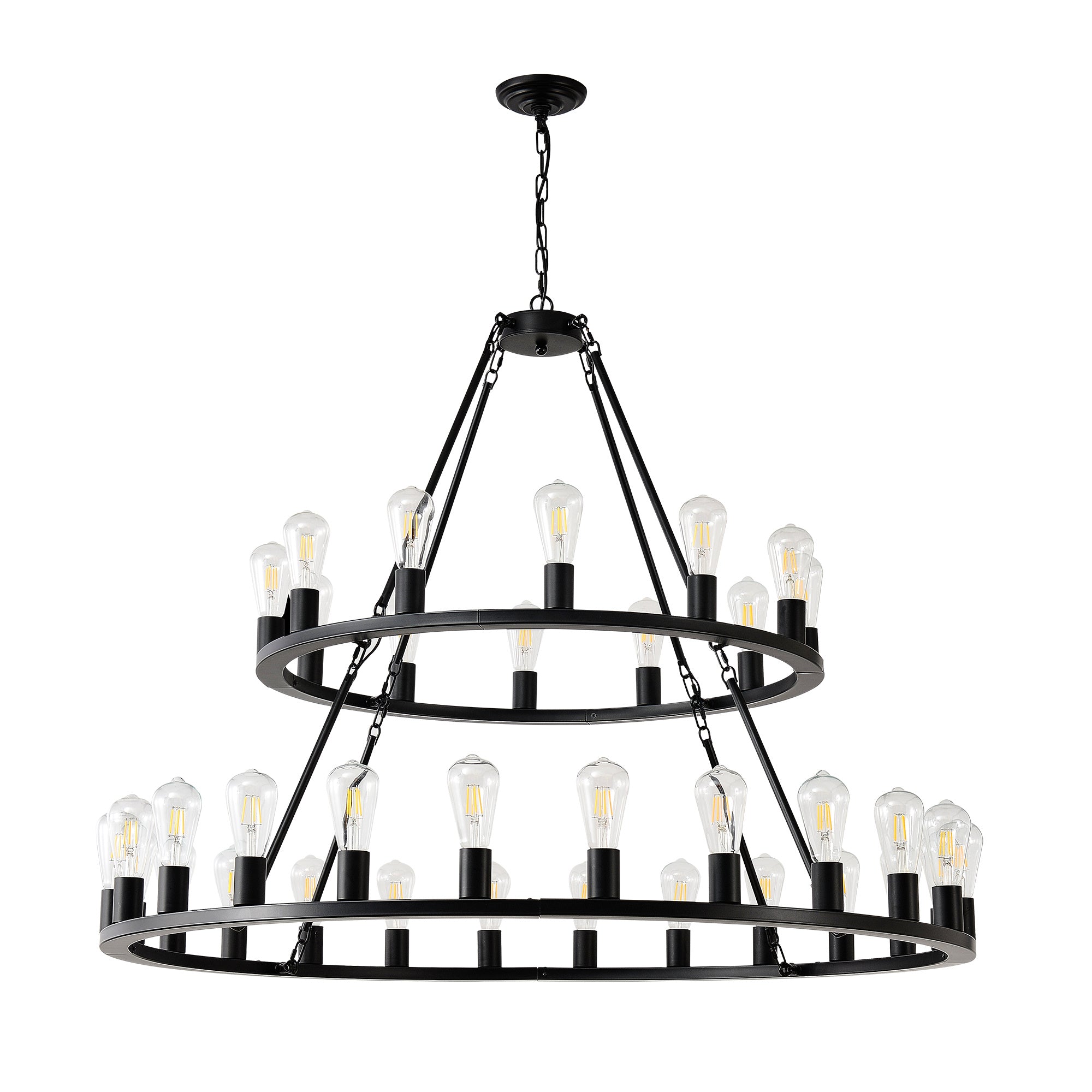 48 Inch Black Extra Large Wagon Wheel Chandelier, 2 Tier 36-Lights No Include Farmhouse Industrial Round High Ceiling Pendant Light Adjustable Chain, For Dining Room, Living Room,Kitchen