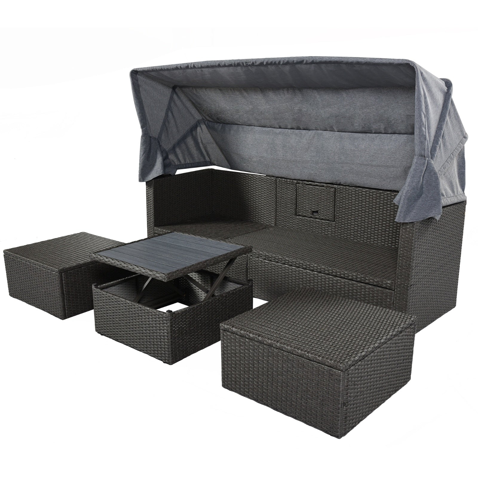 U Style Patio Rectangle Daybed With Canopy, Wicker Sectional Seating