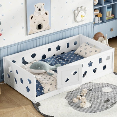Twin Size Floor Bed With Heightened Safety Guardrails And Door, Solid Wood Bedframe With Rails For Girls, Boys, Teens, Child Bedroom, Kids Playroom, White